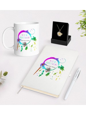 BK Gift Kişiye Özel Resim Öğretmeni Beyaz Kupa Defter Kalem ve Isimli Papatya Kolye Hediye Seti-4