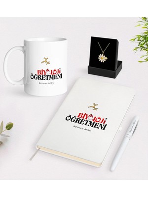 BK Gift Kişiye Özel Biyoloji Öğretmeni Beyaz Kupa Defter Kalem ve Isimli Papatya Kolye Hediye Seti