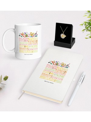 BK Gift Kişiye Özel Öğretmen Sözleri Beyaz Kupa Defter Kalem ve Isimli Papatya Kolye Hediye Seti-1