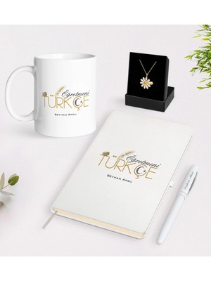 BK Gift Kişiye Özel Türkçe Öğretmeni Beyaz Kupa Defter Kalem ve Isimli Papatya Kolye Hediye Seti