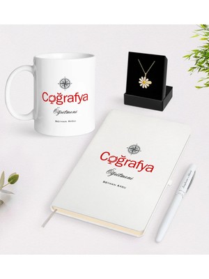 BK Gift Kişiye Özel Coğrafya Öğretmeni Beyaz Kupa Defter Kalem ve Isimli Papatya Kolye Hediye Seti-1