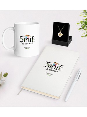 BK Gift Kişiye Özel Sınıf Öğretmeni Beyaz Kupa Defter Kalem ve Isimli Papatya Kolye Hediye Seti-17