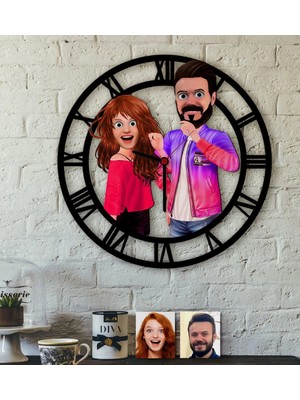 BK Gift Kişiye Özel Sevgililer Animasyon Karikatürlü Ahşap Duvar Saati-32