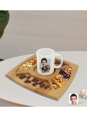BK Gift Kişiye Özel Erkek Avukat Karikatürlü Beyaz Kupa ve Doğal Masif Ahşap 4 Bölmeli Sunum Tabağı Çerezlik Hediye Seti-2