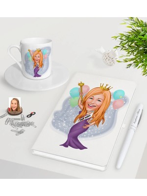 BK Gift Kişiye Özel Dünya Güzeli Karikatürlü Beyaz Defter Kalem Türk Kahvesi Fincanı Seti-1