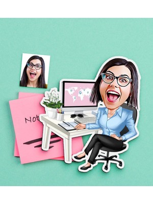 BK Gift Kişiye Özel Bayan Genel Müdür Karikatürlü Ahşap Magnet