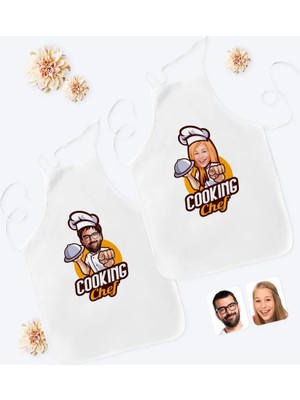 BK Gift Kişiye Özel Ikili Erkek ve Kadın Chef Karikatürlü Beyaz Mutfak Önlüğü Seti-15