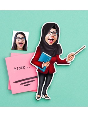 BK Gift Kişiye Özel Tesettürlü Bayan Öğretmen Karikatürlü Ahşap Magnet