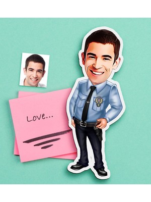 BK Gift Kişiye Özel Bay Polis Karikatürlü Ahşap Magnet