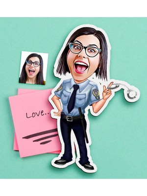 BK Gift Kişiye Özel Bayan Polis Karikatürlü Ahşap Magnet