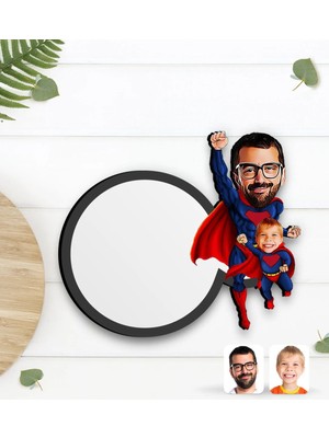 BK Gift Kişiye Özel Süper Baba ve Çocuk Karikatürlü Ahşap Bardak Altlığı-1