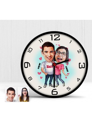 BK Gift Kişiye Özel Sevgililer Karikatür Ahşap Duvar Saati - 5