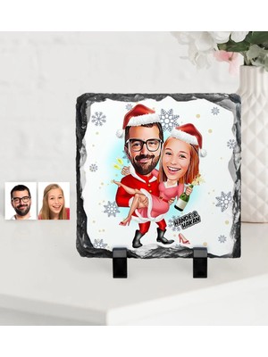 BK Gift Kişiye Özel Yılbaşı Temalı Sevgililer Karikatürlü Dekoratif Doğal Taş - 2