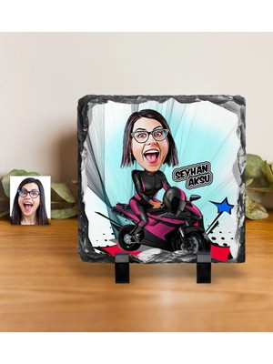 BK Gift Kişiye Özel Bayan Motorcu Karikatürlü Dekoratif Doğal Taş