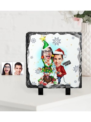 BK Gift Kişiye Özel Yılbaşı Temalı Sevgililer Karikatürlü Dekoratif Doğal Taş - 1