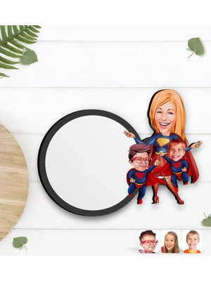 BK Gift Kişiye Özel Süper Anne ve Süper Çocuklar Karikatürlü Ahşap Bardak Altlığı-1