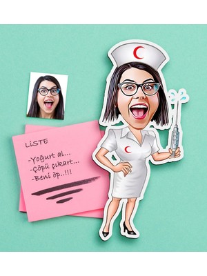BK Gift Kişiye Özel Hemşire Karikatürlü Ahşap Magnet