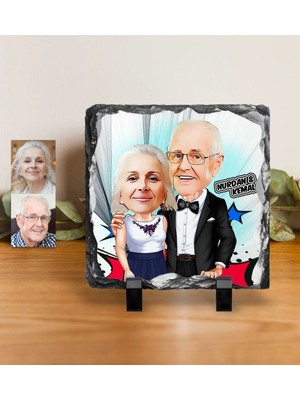 BK Gift Kişiye Özel Dede ve Büyükanne Karikatürlü Dekoratif Doğal Taş