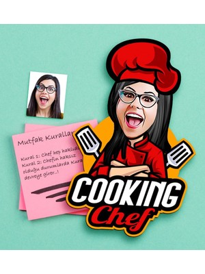 BK Gift Kişiye Özel Bayan Chef Karikatürlü Ahşap Magnet-11