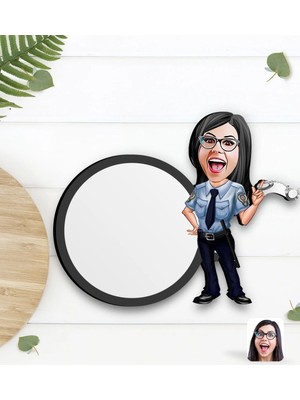 BK Gift Kişiye Özel Kadın Polis Karikatürlü Ahşap Bardak Altlığı-1