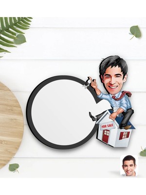 BK Gift Kişiye Özel Erkek Emlakçı Karikatürlü Ahşap Bardak Altlığı-1