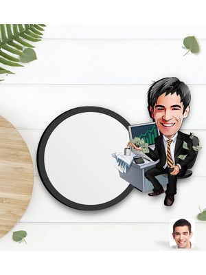 BK Gift Kişiye Özel Erkek Bankacı Karikatürlü Ahşap Bardak Altlığı-3