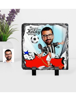 BK Gift Kişiye Özel Bay Futbolcu Siyah Beyaz Karikatürlü Dekoratif Doğal Taş - 1