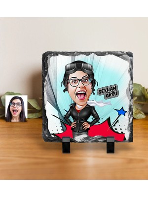 BK Gift Kişiye Özel Bayan Pilot Karikatürlü Dekoratif Doğal Taş