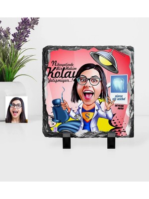 BK Gift Kişiye Özel Bayan Diş Hekimi Karikatürlü Dekoratif Doğal Taş - 1