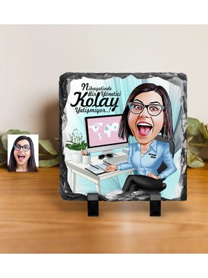BK Gift Kişiye Özel Bayan Genel Müdür Karikatürlü Dekoratif Doğal Taş - 1