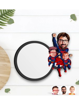 BK Gift Kişiye Özel Süper Baba 2 Çocuk Karikatürlü Ahşap Bardak Altlığı-1