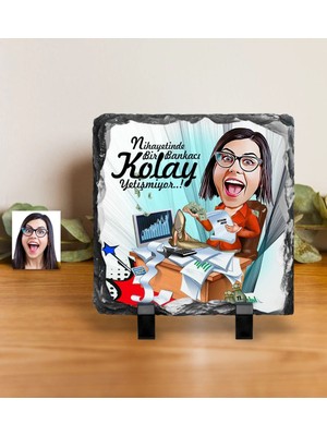 BK Gift Kişiye Özel Bayan Bankacı Karikatürlü Dekoratif Doğal Taş - 1