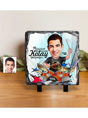 BK Gift Kişiye Özel Bay Baterist Karikatürlü Dekoratif Doğal Taş - 1
