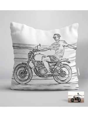 BK Gift Kişiye Özel Tam Boy Karakalem Motosikletli Adam Karikatürlü Beyaz Yastık-1