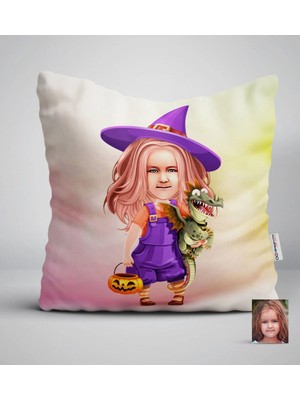 BK Gift Kişiye Özel Küçük Cadı Karikatürlü Beyaz Yastık-1