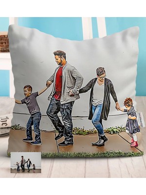 BK Gift Kişiye Özel Tam Boy Aile Karikatürlü Beyaz Yastık-1
