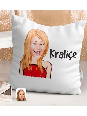 BK Gift Kişiye Özel Kadın Kraliçe Karikatürlü Beyaz Yastık-33