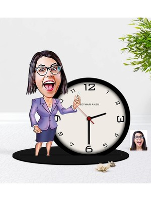BK Gift Kişiye Özel Bayan Öğretmen Karikatürlü Ahşap Masaüstü Biblo Saat-1