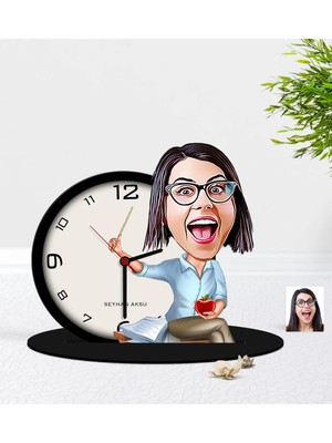 BK Gift Kişiye Özel Bayan Öğretmen Karikatürlü Ahşap Masaüstü Biblo Saat-2
