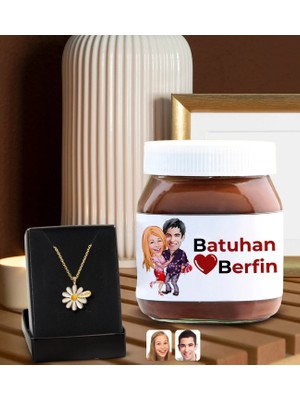 Bk Gift Sevgiliye Özel Isimli Papatya Kolye ve Karikatürlü Nutella 400GR. Hediye Seti, Sevgililer Günü Hediye, Doğum Günü Hediyesi, Sevgiliye Hediye-3