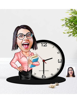 BK Gift Kişiye Özel Bayan Öğretmen Karikatürlü Ahşap Masaüstü Biblo Saat-5