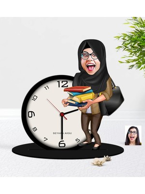BK Gift Kişiye Özel Bayan Öğretmen Karikatürlü Ahşap Masaüstü Biblo Saat-8