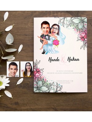 BK Gift Kişiye Özel Karikatürlü Nikah & Düğün Davetiyesi Model 9 (50 Adet)