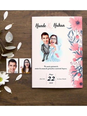 BK Gift Kişiye Özel Karikatürlü Nikah & Düğün Davetiyesi Model 5 (50 Adet)