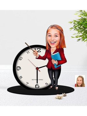 BK Gift Kişiye Özel Bayan Öğretmen Karikatürlü Ahşap Masaüstü Biblo Saat-3