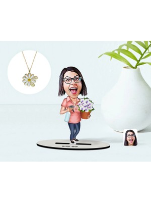 BK Gift Kişiye Özel Ev Hanımı Karikatürlü 3D Ahşap Biblo ve Isimli Tarihli Papatya Kolye Seti-2