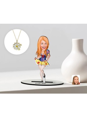 BK Gift Kişiye Özel Kadın Karikatürlü 3D Ahşap Biblo ve Isimli Tarihli Papatya Kolye Seti