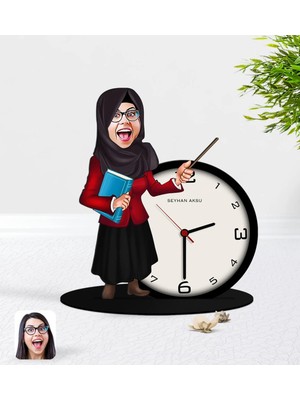 BK Gift Kişiye Özel Tesettürlü Kadın Öğretmen Karikatürlü Ahşap Masaüstü Biblo Saat-3