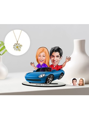 BK Gift Kişiye Özel Sevgililer Karikatürlü 3D Ahşap Biblo ve Çift Isimli Papatya Kolye Seti-52
