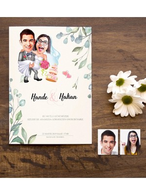 BK Gift Kişiye Özel Karikatürlü Nikah & Düğün Davetiyesi Model 7 (50 Adet)